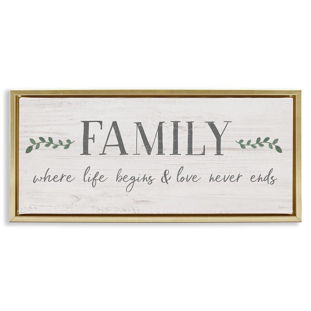 Love Never Ends Family Phrase by Natalie Carpentieri Gold Floater Frame Graphic Art Print Typography 25 in. x 11 in. price history on PriceWatchPro