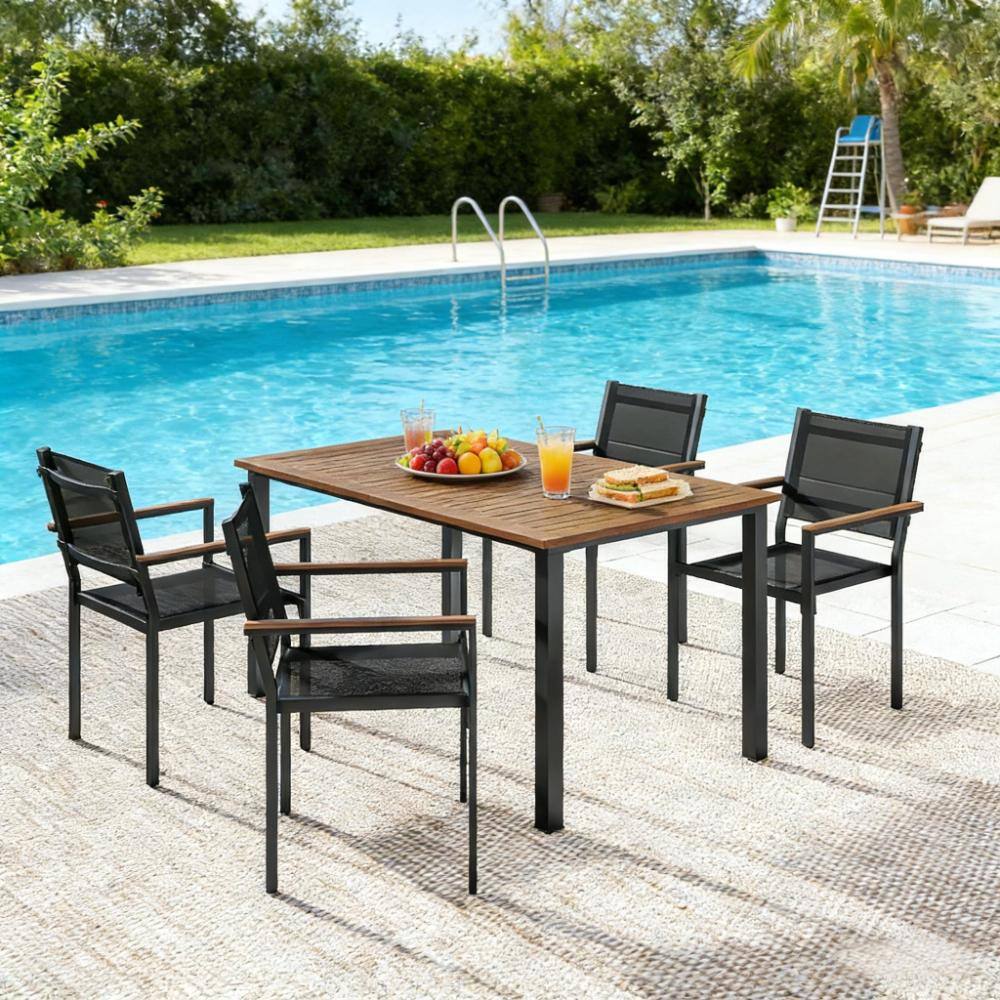 Teak Black 5-Piece Outdoor Dining Set, Acacia Wood Table Mesh Chairs, Powder-Coated Steel Frame for Garden Patio price history on PriceWatchPro