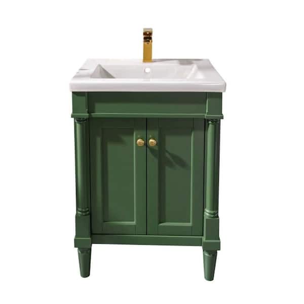 Unbranded Solid Wood 24 in. Freestanding Vogue Green Sink Bath Vanity with White Ceramic Top Assembled