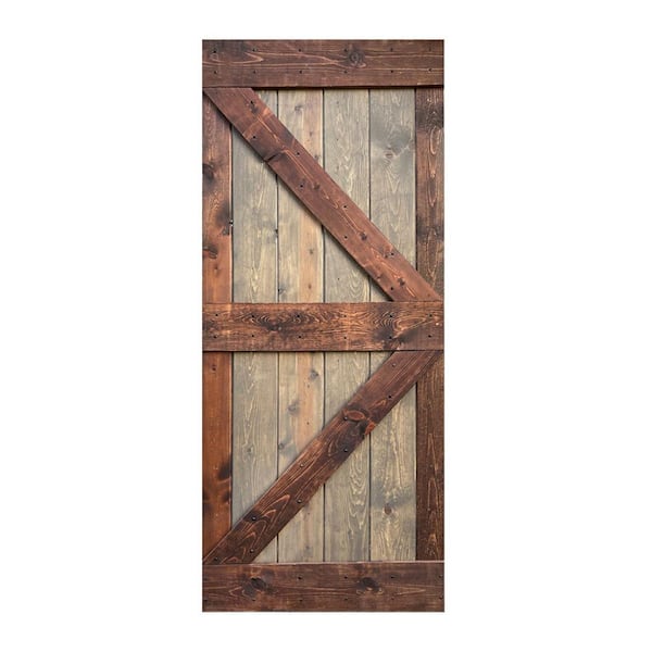 ISLIFE K Style 38 in. x 84 in. Brown/Walnut Finished Solid Wood Sliding Barn Door Slab - Hardware Kit Not Included