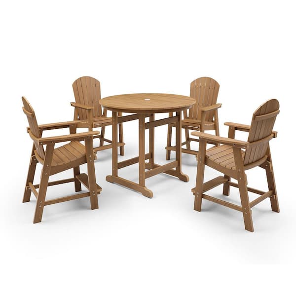 myhomore Teak 5-Piece HIPS Round Outdoor Dining Bar Set (4 Bar Chairs Plus 1 Bar Table)