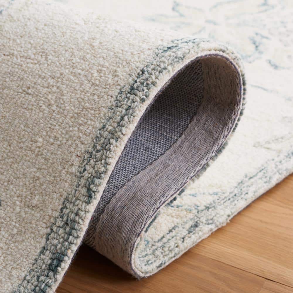 Ivory and Blue Handmade Wool Tufted Rectangular Rug, 3' x 5'