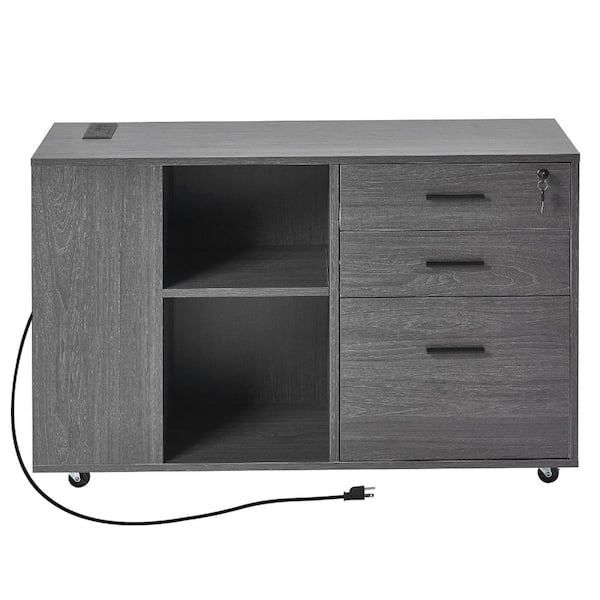 3-Drawer Rolling Wood File Cabinet with Lock and Power Strip, Adjustable Shelves, 5 Wheels, Office Storage