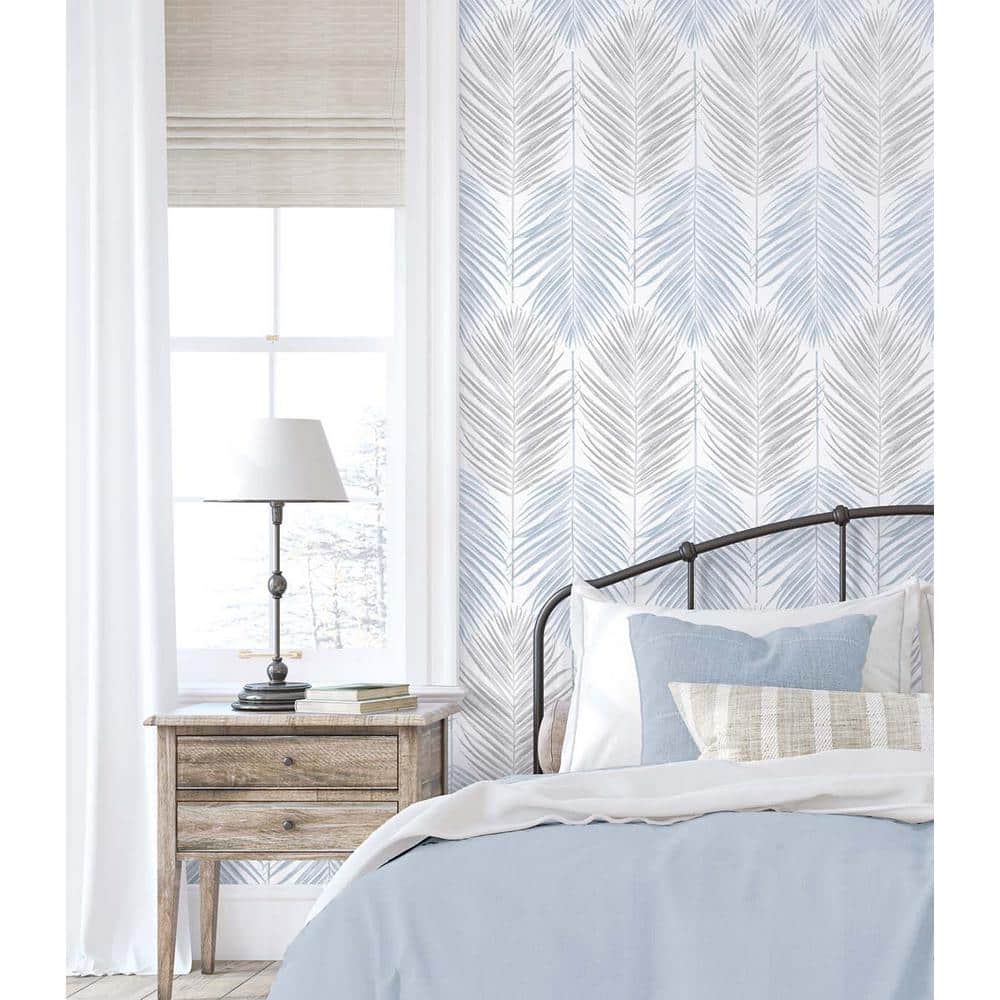 Blue Mist and Daydream Grey Palm Vinyl Peel and Stick Wallpaper Roll