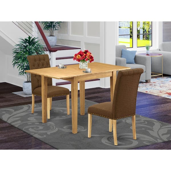 East West Furniture 3-Piece Natural Brown Oak Finish Solid Wood Top Dining Table Set