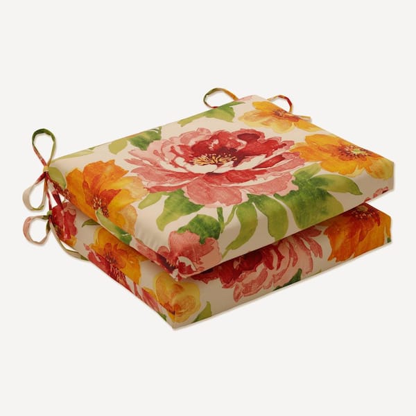 Pillow Perfect Floral 18.5 x 16 Outdoor Dining Chair Cushion in Green/Orange (Set of 2)