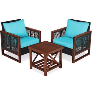 Brown 3-Piece Wicker Square 19 in. Outdoor Bistro Set Acacia Wood Frame Sofa and Side Table with Turquoise Cushions