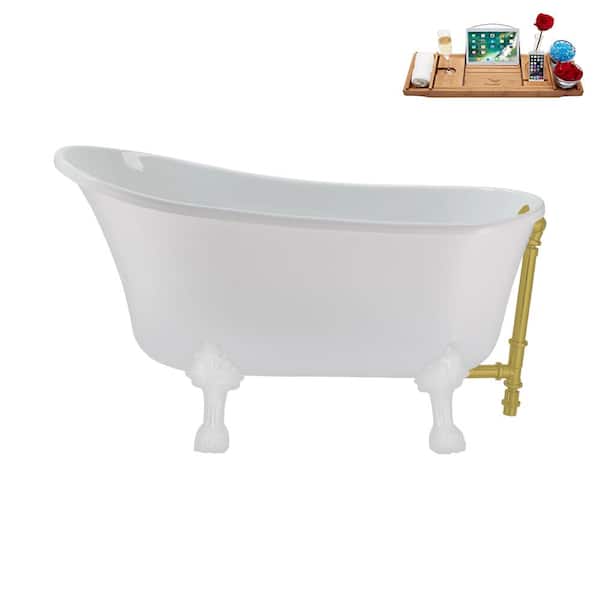 Streamline 51 in. Acrylic Clawfoot Non-Whirlpool Bathtub in Glossy White with Brushed Gold Drain And Glossy White Clawfeet