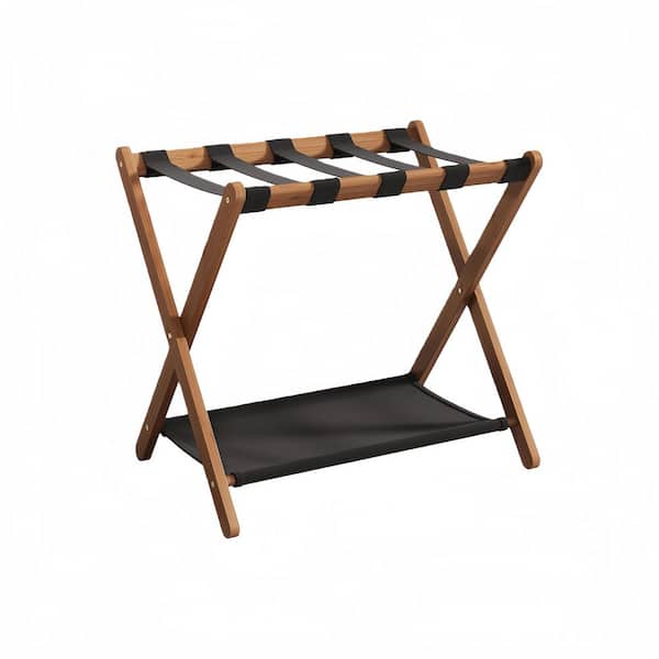 Walnut Bamboo 26.77 in. Fully Assembled Luggage Racks, 5 Nylon Straps w/ Storage Shelf, Holds up to 165 lbs. (Set of 2)