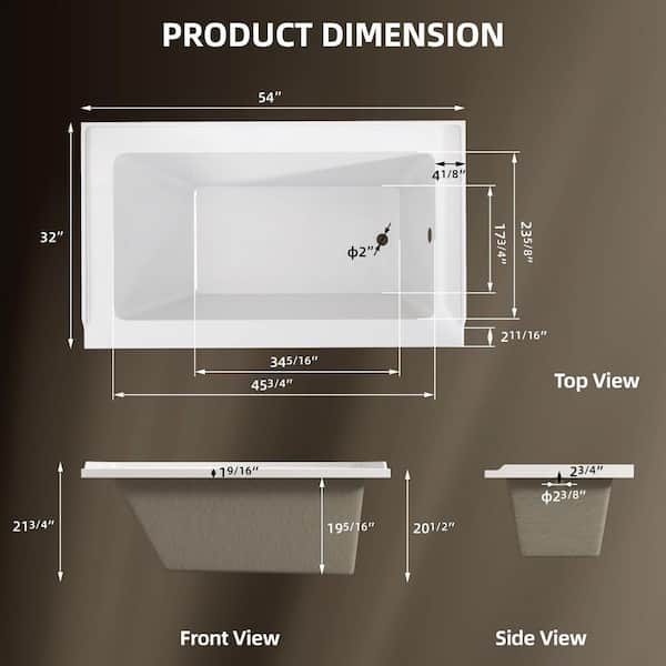 PureDrop 54 in. x 32 in. Acrylic Rectangular Drop-in Soaking Bathtub with Right-Hand Drain Integral Tile Flange in White