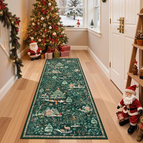 Christmas Woodland Forest Green Trees Animals Snowflake Non-Slip 2 ft. x 6 ft. Living Room/Bedroom Indoor Runner Rug