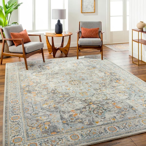 Hassler Light Blue/Orange 9 ft. x 12 ft. Medallion Indoor Area Rug