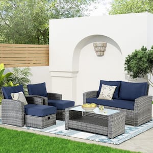 6-Piece Patio Dark-Gray Resin Wicker Converation Set with Coffee Table, Ottoman and Navy Cushions for Patio, Yard, Pool