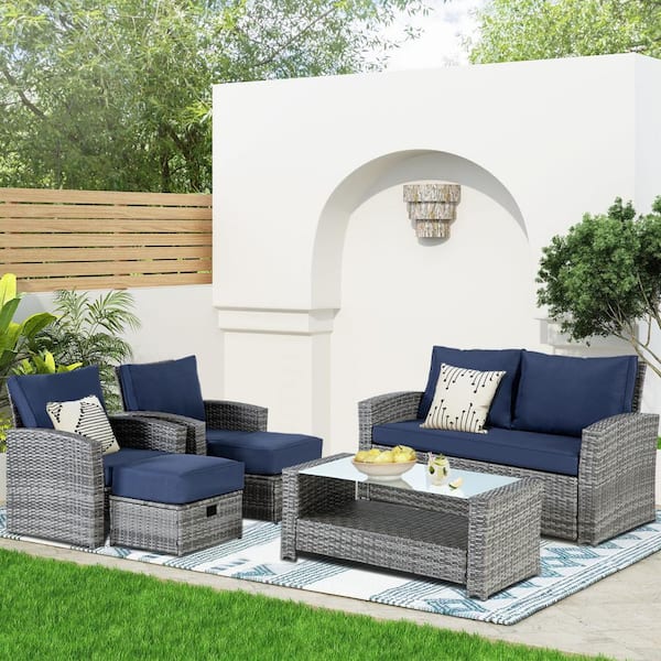 JUSKYS 6-Piece Patio Dark-Gray Resin Wicker Converation Set with Coffee Table, Ottoman and Navy Cushions for Patio, Yard, Pool