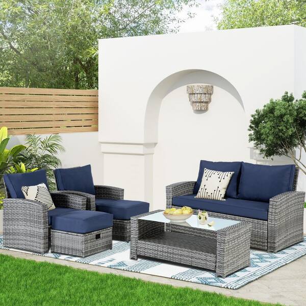 JUSKYS 6-Piece Patio Dark-Gray Resin Wicker Converation Set with Coffee ...