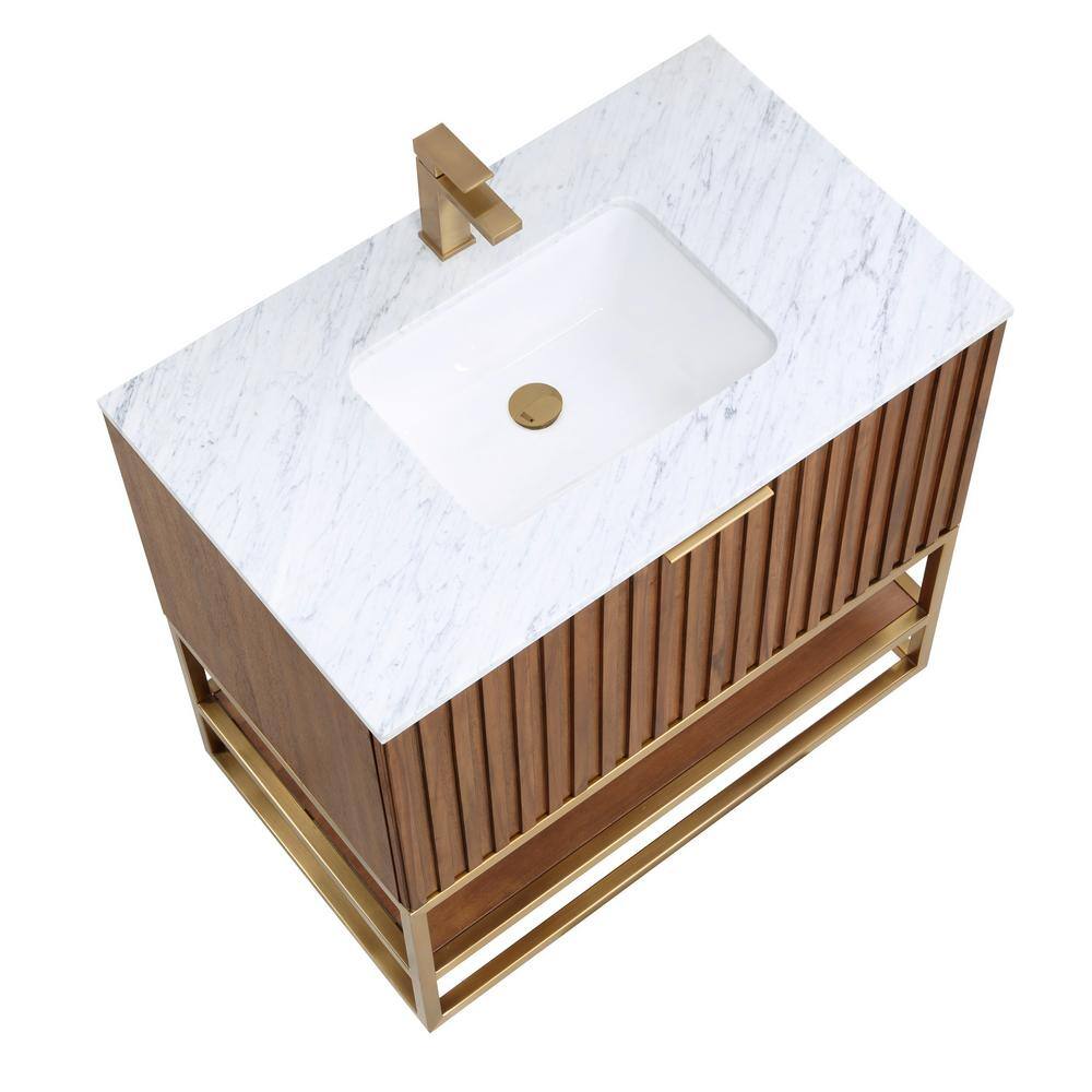Walnut and Satin Brass 36" Single Bathroom Vanity with Carrara Marble Top