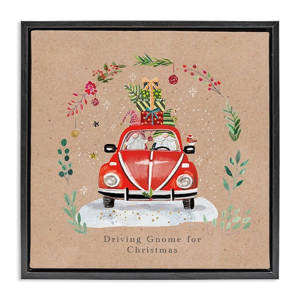 Stupell Industries Driving Gnome For Christmas by Sally Darby 1 Piece Floater Frame Graphic Print Travel Poster Art Print 18 in. x 18 in.