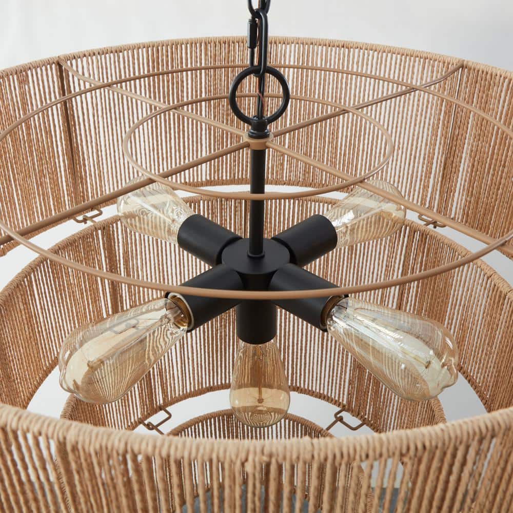 Beige Oversize 4-Tiered Rattan Pendant Light with Glass Shades