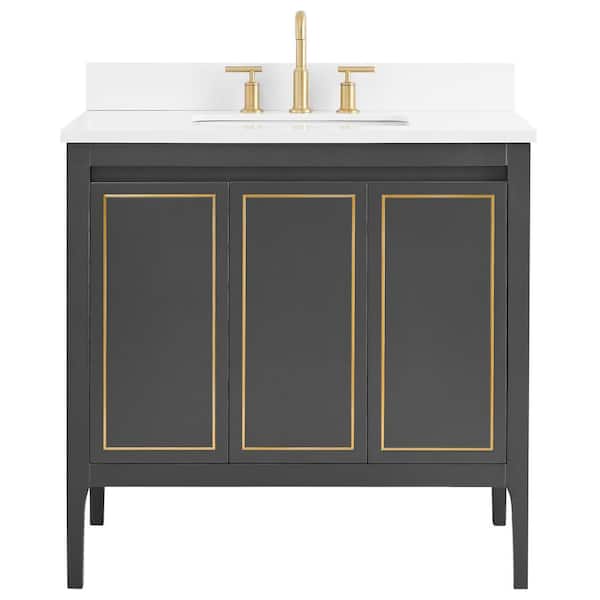 Chameleon Concepts Exeter 36 in. W x 21 in. D x 34 in. H Bath Vanity in Black and Gold with White Quartz Top and Single Sink Ceramic Basin