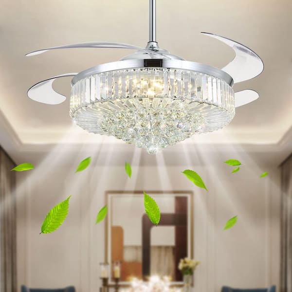 52 in. Modern Downrod Mount Indoor Retractable Chrome Crystal Fandelier Ceiling Fan with Integrated LED and Remote/APP