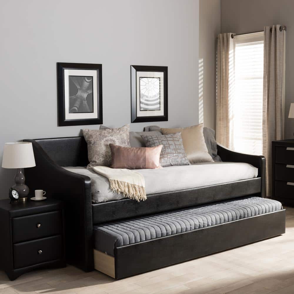 Twin Black Faux Leather Upholstered Daybed with Trundle