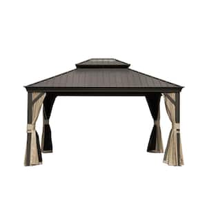 10 ft. x 12 ft. Brown Outdoor Aluminum Hardtop Gazebo with Galvanized Steel Double Canopy, Curtains and Netting