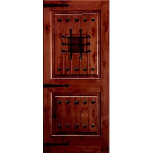 36 in. x 80 in. Mediterranean Knotty Alder Sq. Top Red Chestnut Stain Left-Hand Inswing Wood Single Prehung Front Door