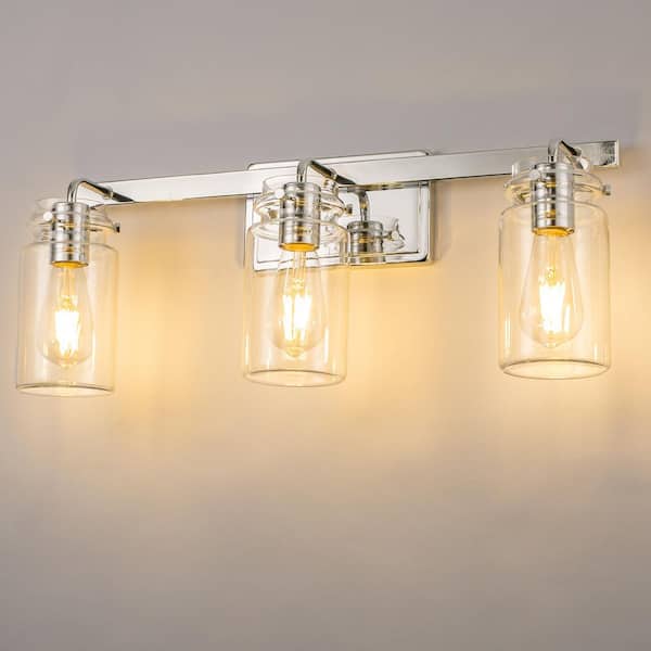 23.7 in. 3 Light Chrome Vanity Light with Clear Glass Shades and E26 Sockets for Bathroom Use