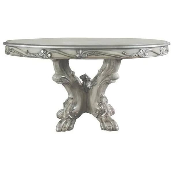 Mesh Cut Out Carved Mango Wood Octagonal Folding Table with Round Top, Antique White and Brown
