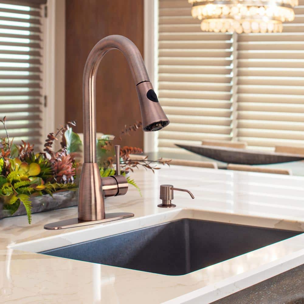 Antique Copper Single Handle Kitchen Faucet with Pull-out Spray
