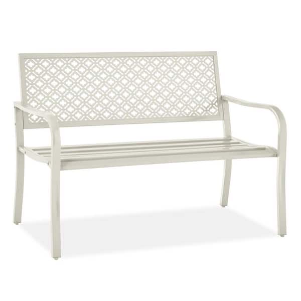 Unbranded 50 in. 2-Person Ivory Metal Outdoor Bench with Geometric Backrest and Foot Levelers