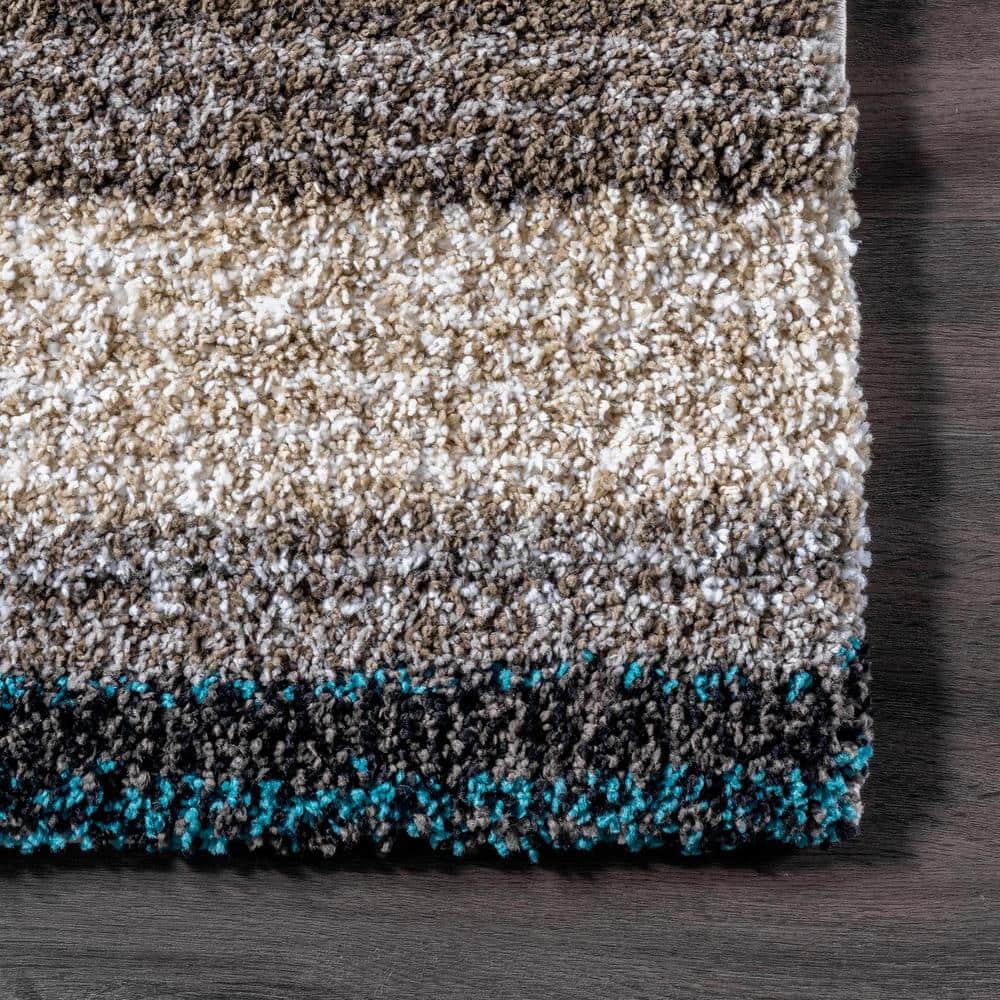 Blue Multi Striped Hand-Tufted Shag Area Rug 5' x 8'