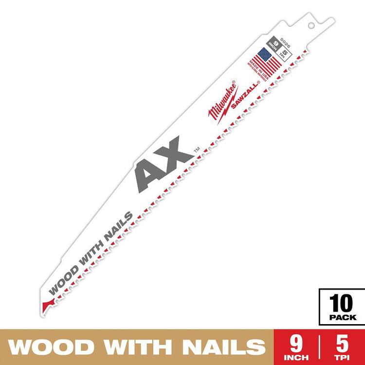 Milwaukee 9 in. 5 TPI AX Nail-Embedded Wood Cutting SAWZALL Reciprocating Saw Blades (10-Pack)