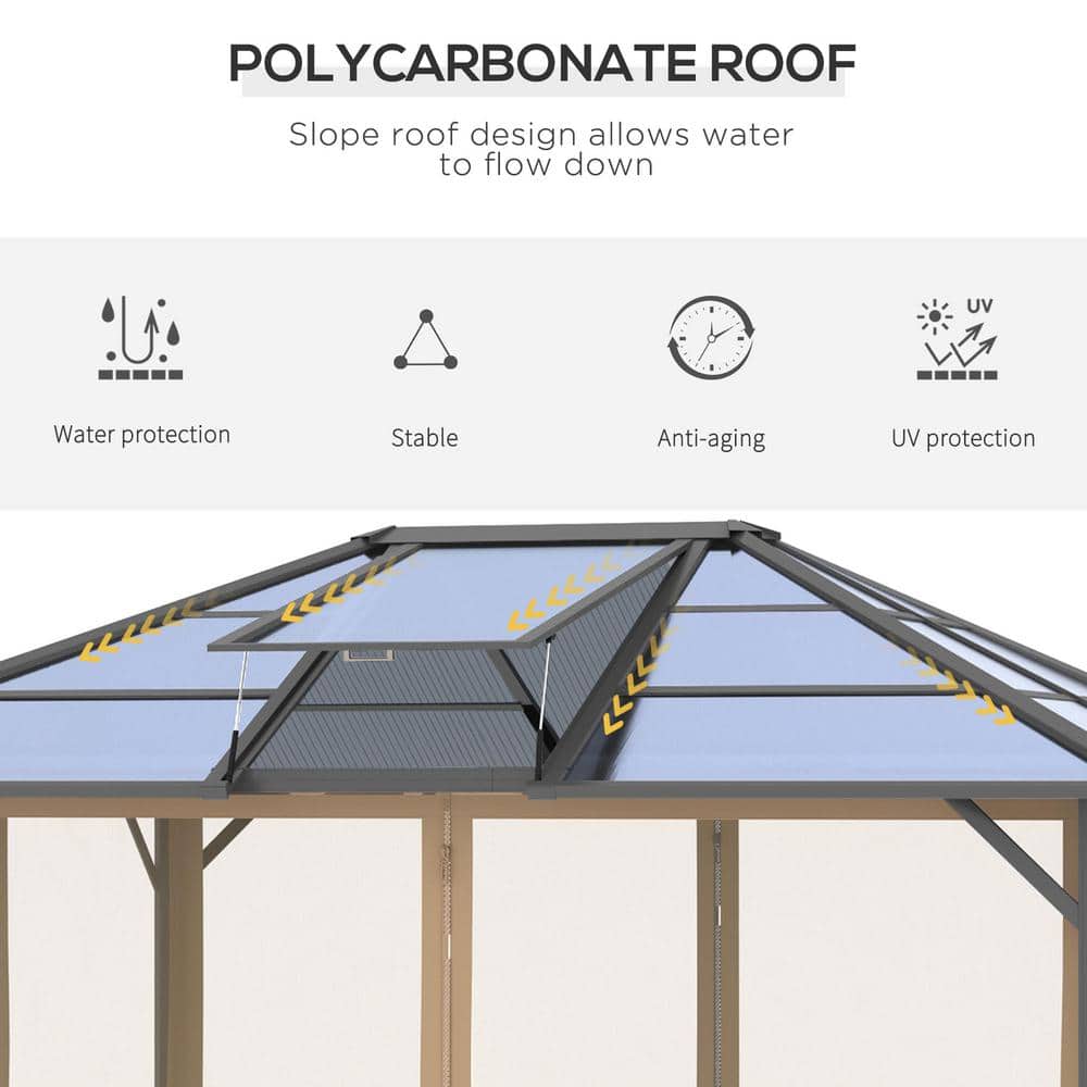 Gray Aluminum Frame Hardtop Gazebo with Polycarbonate Roof and Netting