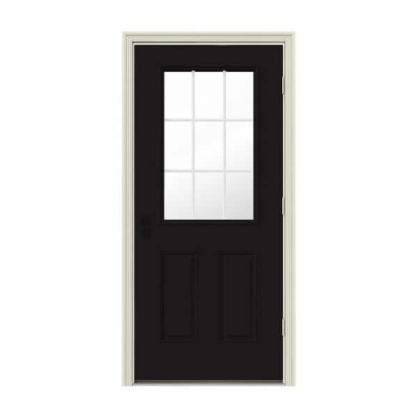 JELD-WEN 36 in. x 80 in. 9 Lite Black Painted Steel Prehung Left-Hand Outswing Entry Door w/Brickmould