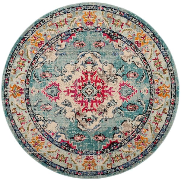 SAFAVIEH Monaco Light Blue/Fuchsia 11 ft. x 11 ft. Distressed Border Medallion Round Area Rug