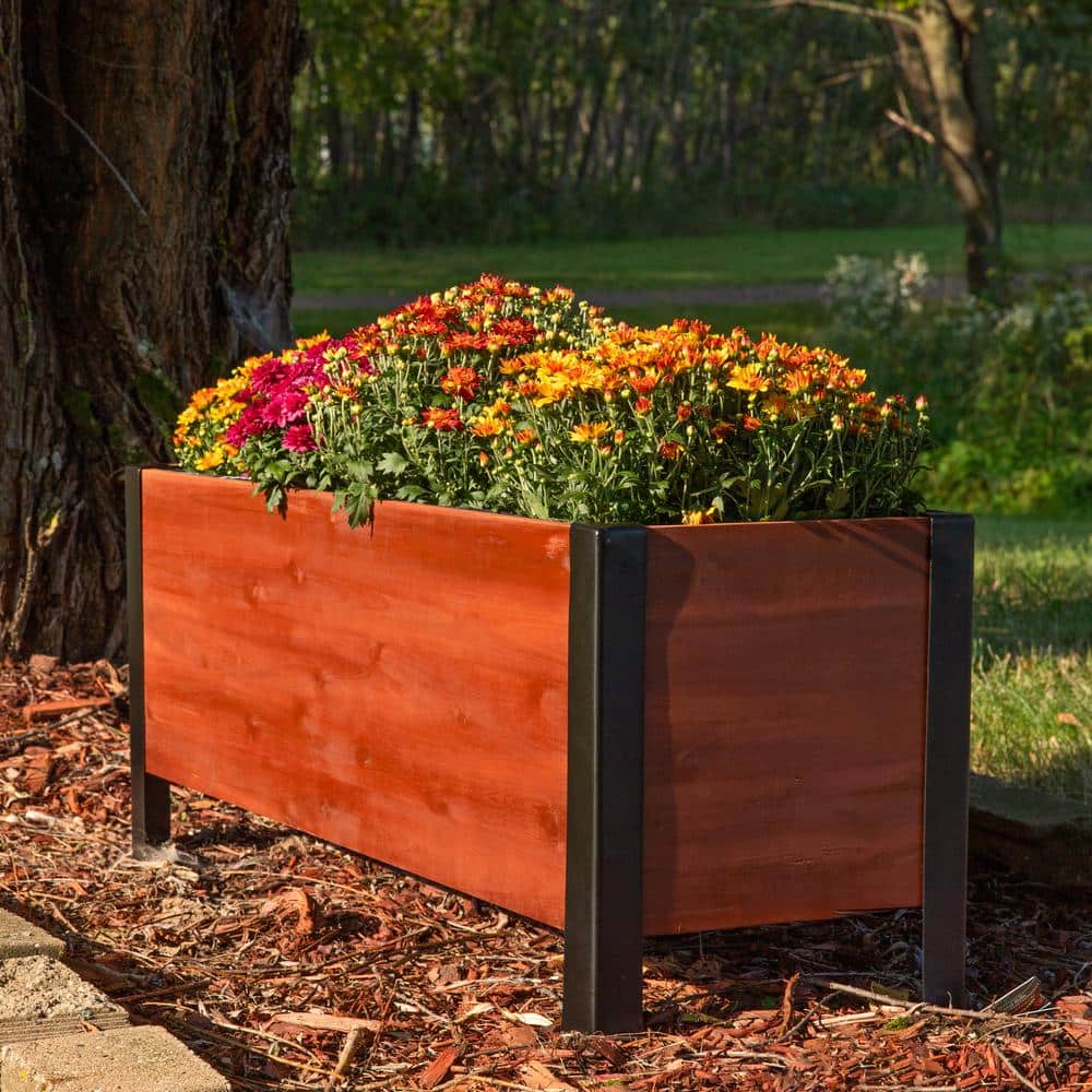 Acacia Wood Rectangular Raised Garden Bed Planter Box with Steel Frame