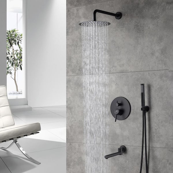 3-Spray Patterns Round 10 in. Wall Mount Dual Fixed and Handheld Shower Head 2.5 GPM with Tub Faucet in Matte Black