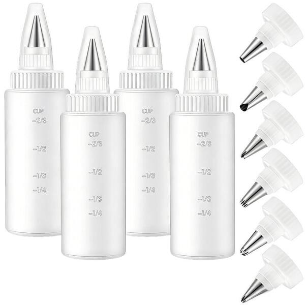 4 oz. Plastic Piping Bottles with 6 Different Piping Tips for Icing Cookie Decorating Supplies, White (4-Pack)