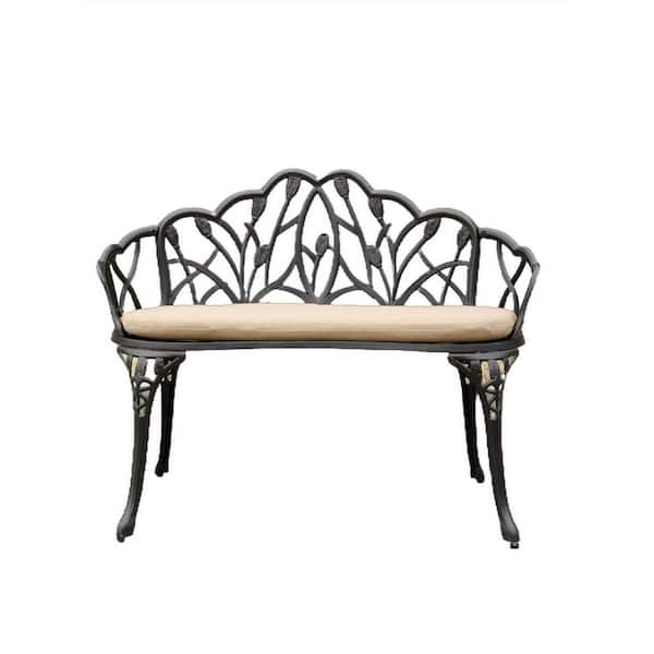 ECOCHIC SPACES INC Stunning Design 33.80" Wide 2-Person Black Metal Outdoor Bench with Khaki Cushion ，a Tulip-carved Openwork Backrest