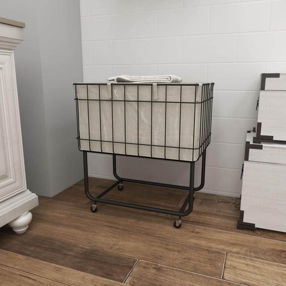 Black Metal Wire Basket Storage Cart with Wheels and Fabric Lining