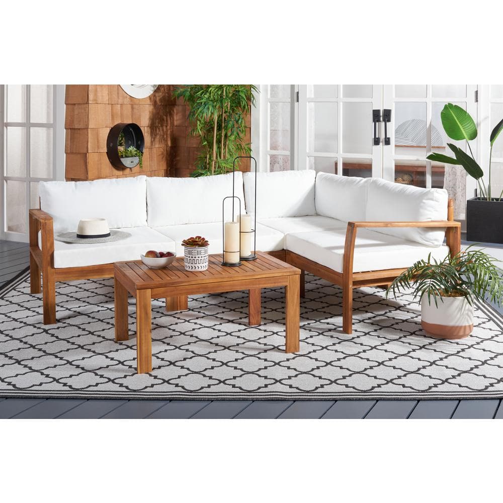 4-Person Natural Wood Outdoor Living Set with Beige Cushions