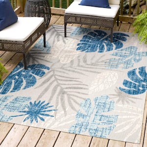 Monstera Tropical Leaf High-Low Light Gray/Navy 3 ft. x 5 ft. Indoor/Outdoor Area Rug