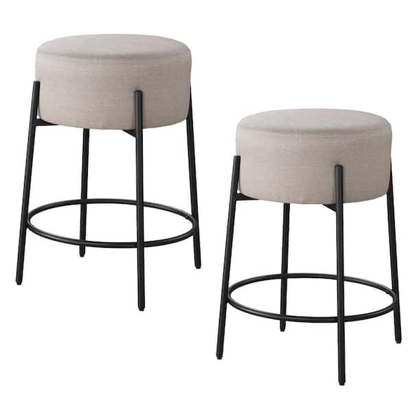 LuXeo Danica 24 in. Black Backless Metal Counter Stool with Beige Fabric Upholstered Seat, Set of 2