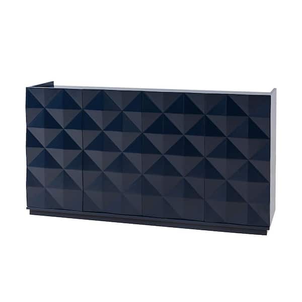 JAYDEN CREATION Cheryl 60 in. 3-Dimensional 4 Doors Wooden Base Navy Sideboard with High-Gloss Finish and Geometric Patterns