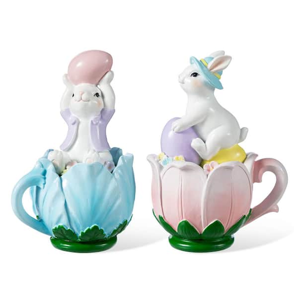 5.50 in. H Easter Resin Bunny on Tulip Mug Table Decor (Set of 2)