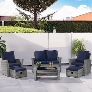 6-Piece Wicker Patio Conversation Set Rattan Seating Set Loveseat Sofa Chair Ottoman with Navy Blue Cushions