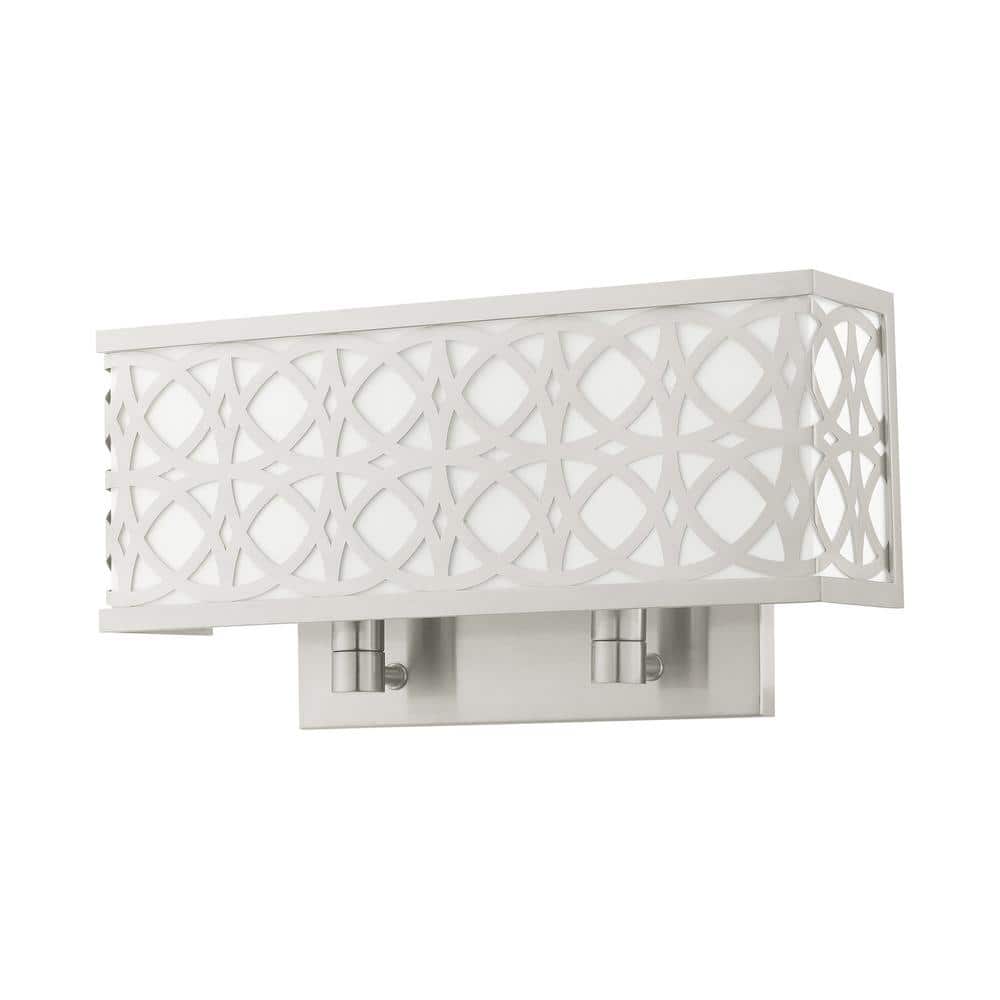 Brushed Nickel 2-Light Wall Sconce with Off-White Shade