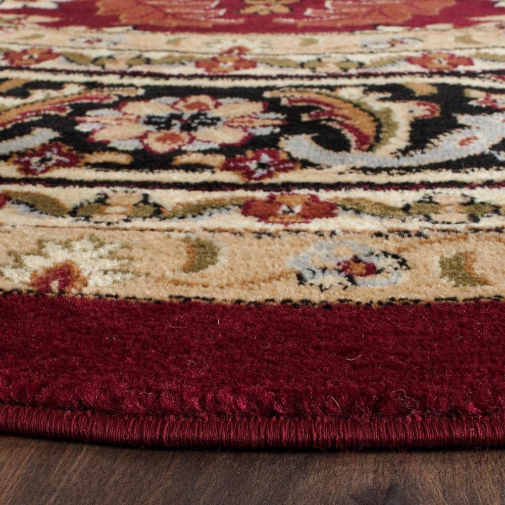 Lyndhurst Red and Black Round Floral Synthetic Rug