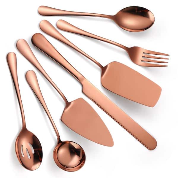 Unbranded 7-Piece Rose Gold Stainless Steel Flatware Serving Set Catering Utensil Include Soup Ladle Slotted Spoon and Server Fork